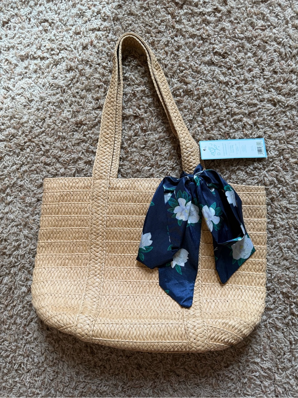 NWT Draper James Tan Woven Tote with Navy Floral Scarf Tie